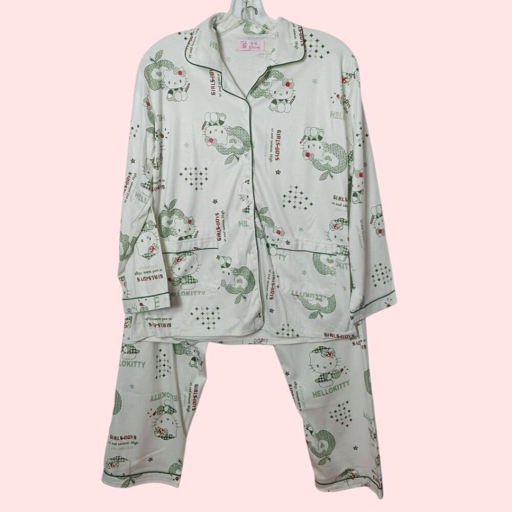 Hello Kitty Printed Pajama Set Women Button-Up  &  Pants  Soft Green Medium